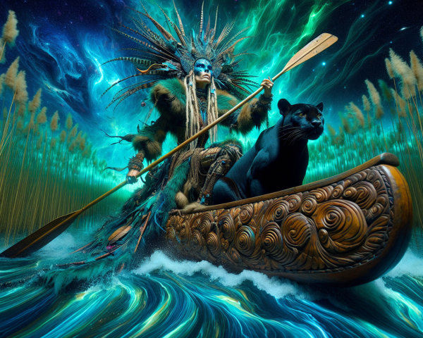 Mystical Figure in Canoe with Panther in Ethereal Waters