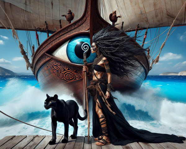 Tribal Figure with Panther on Dock by Grand Ship