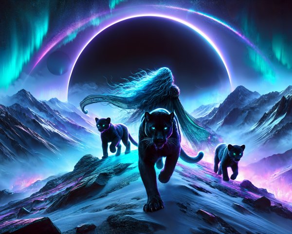 Surreal Landscape with Celestial Body and Panthers