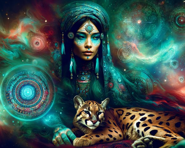 Mystical Woman with Jewelry and Cosmic Backdrop