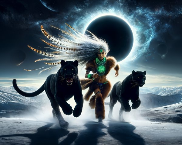 Warrior and Black Panthers in Snowy Cosmic Landscape