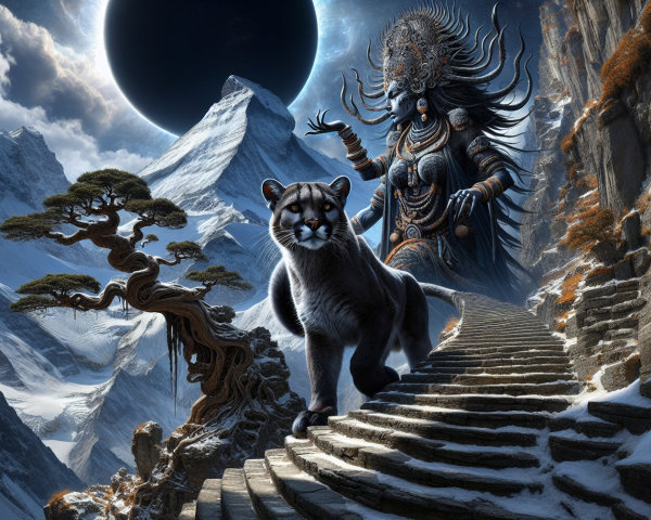 Surreal Landscape with Deity and Majestic Feline