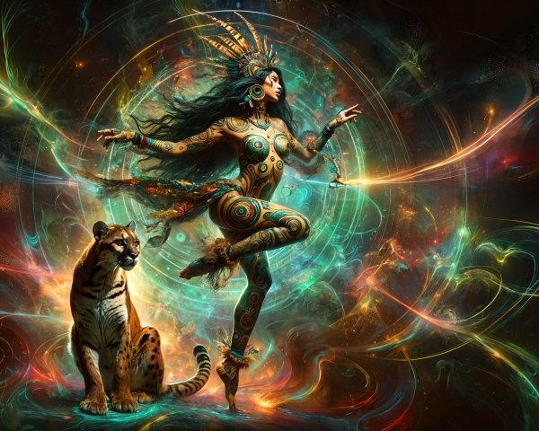 Vibrant Scene of Woman, Tiger, and Celestial Patterns