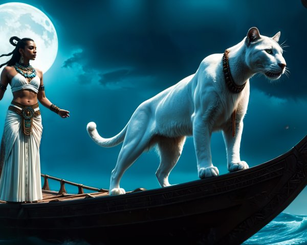 Moonlit Ocean Scene with Woman and Majestic Cat