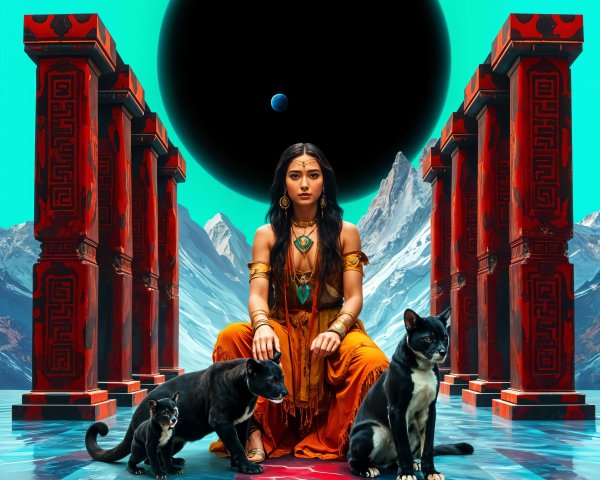 Mystical Scene with Woman, Cats, and Red Pillars