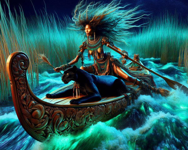 Warrior Woman in Ornate Canoe on Vibrant Waterway