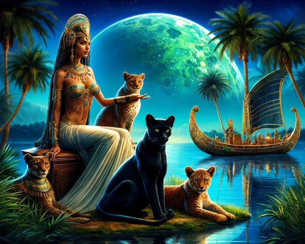 Regal Figure with Leopards by Moonlit River Scene