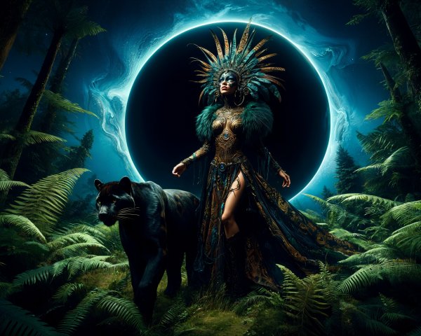 Elegant Woman in Jungle with Panther and Halo Background