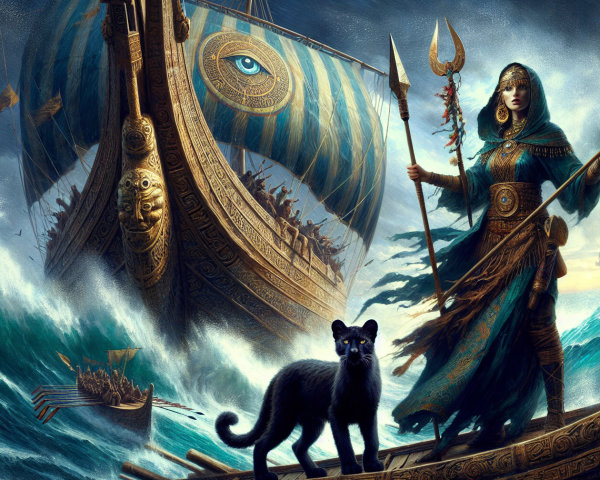 Warrior Woman on Ship with Trident and Panther