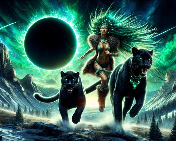 Mystical landscape with green-haired figure and panthers