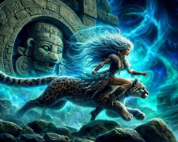 Female Warrior on Leopard in Mystical Jungle Scene