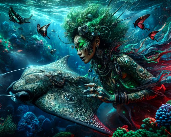 Mystical Underwater Scene with Body Art and Marine Life