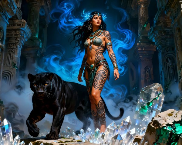 Tribal Woman and Black Panther in Ruined Temple