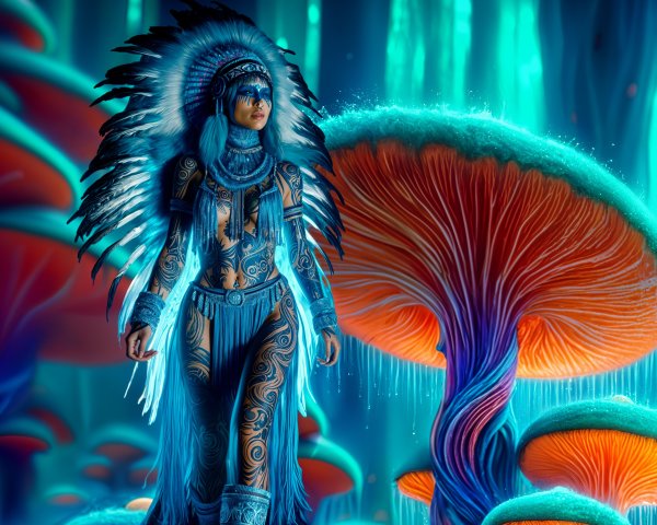 Female Figure in Tribal Attire in Surreal Landscape