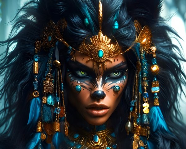 Striking figure with mystical wolf-like makeup and jewelry