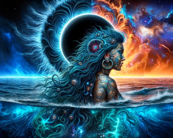 Mystical Figure in Cosmic Ocean Waves at Sunset
