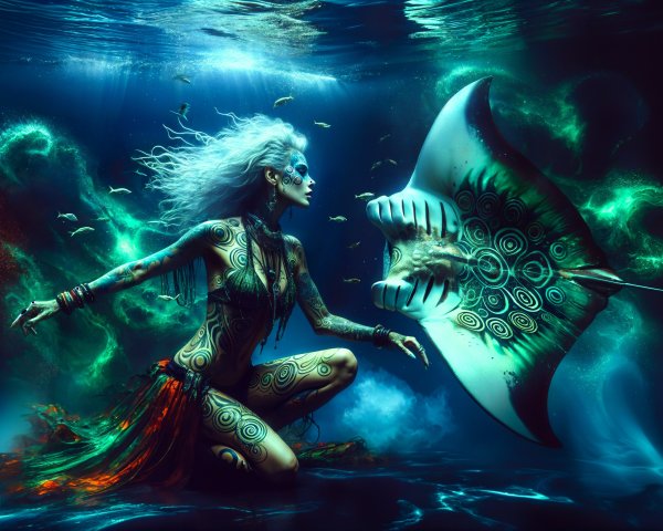 Underwater Scene of Woman with Body Art and Manta Ray