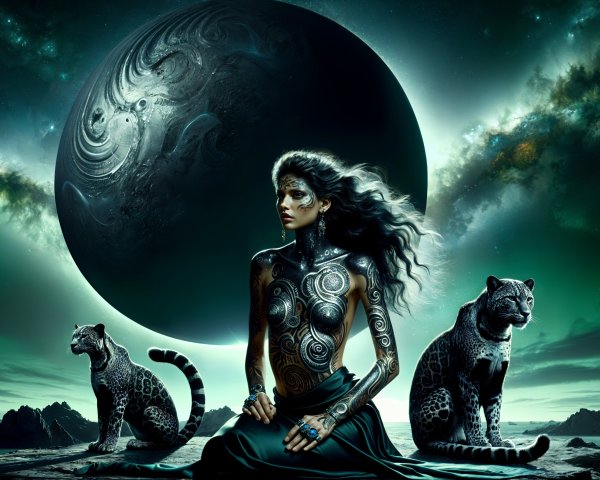 Mystical Woman with Leopards Under Cosmic Sky