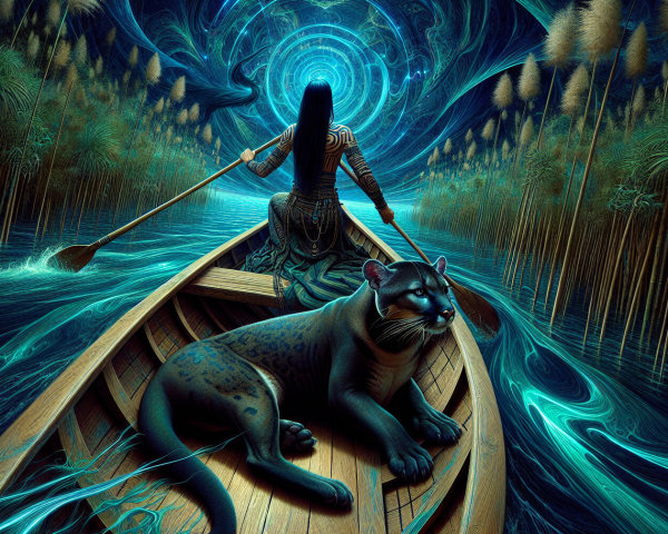 Surreal Landscape with Canoe and Black Panther