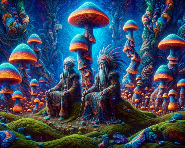 Surreal Landscape with Wise Figures and Luminescent Mushrooms