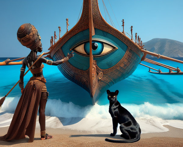 Ancient Warrior on Beach with Ship and Panther