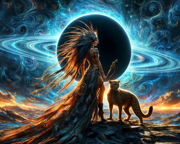 Cosmic Landscape with Majestic Figure and Feline Companion
