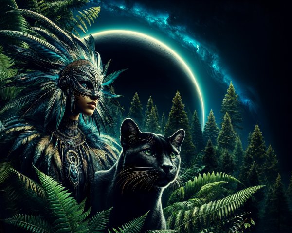 Nocturnal Scene with Humanoid Figure and Panther