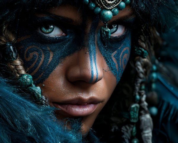 Close-up of Individual with Green Eyes and Facial Paint