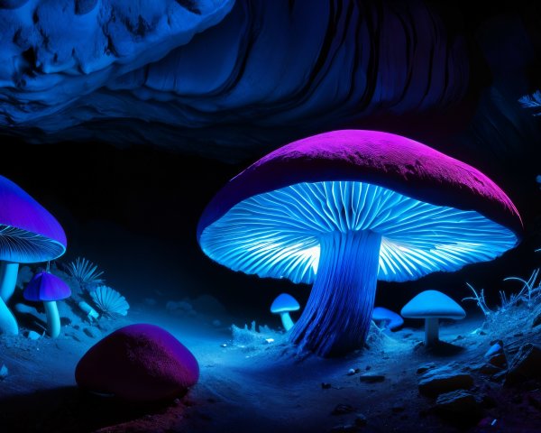 Whimsical Underground Scene with Oversized Mushrooms