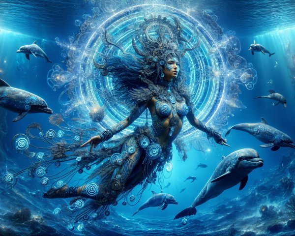 Mystical Underwater Scene with Majestic Figure and Dolphins