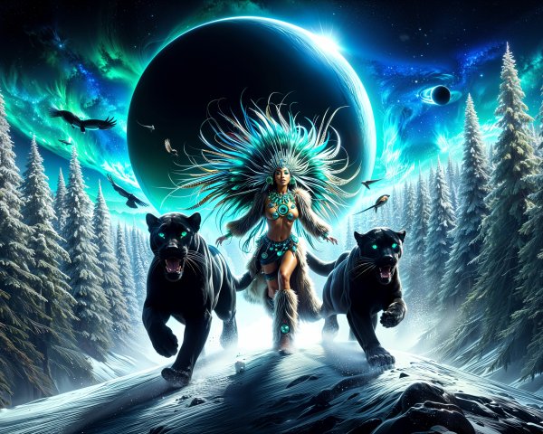 Mystical Woman with Panthers in Snowy Landscape