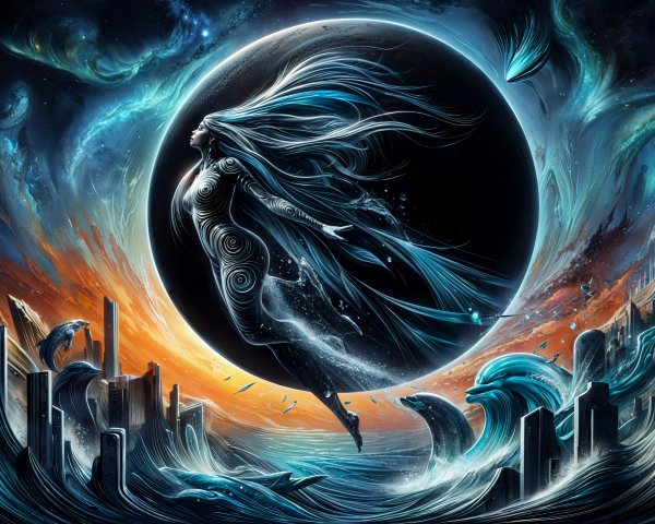 Celestial Figure Against Vibrant Cosmic Backdrop