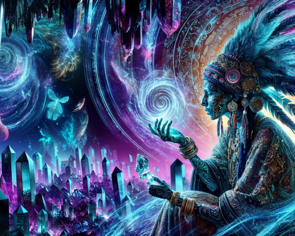 Mystical Figure in Vibrant Tribal Attire Surrounded by Crystals