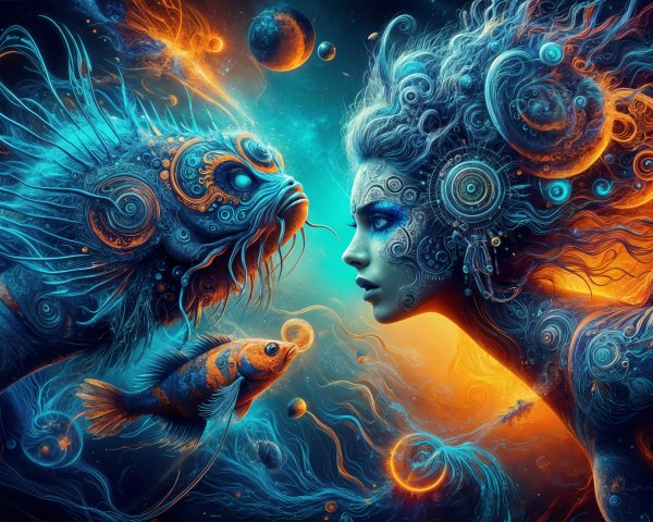 Surreal Cosmic Scene with Woman and Detailed Fish