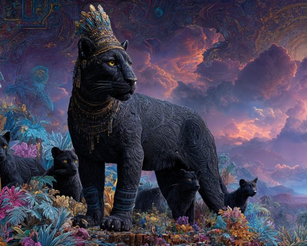 Majestic black panther in a vibrant floral landscape