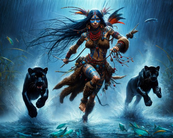 Warrior Woman with Panthers in Mystical River Scene