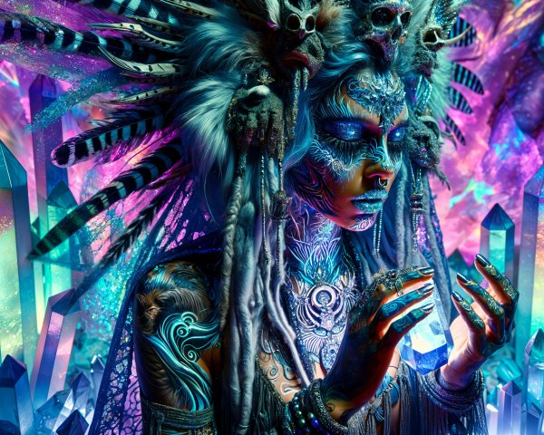 Mystical Figure with Tattoos and Shamanic Headdress