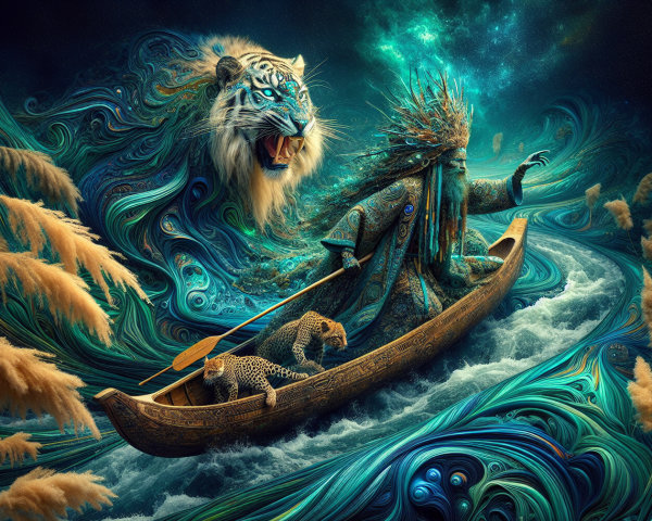 Mystical Scene with Figure, Tiger, and Leopard