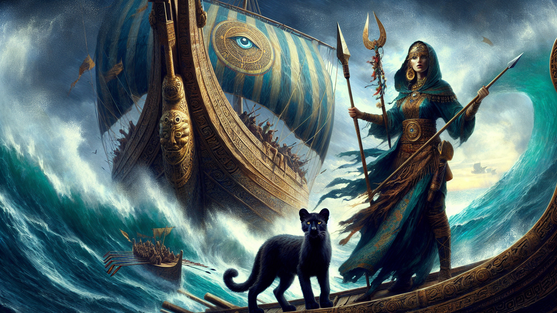 Warrior Woman on Ship with Trident and Panther