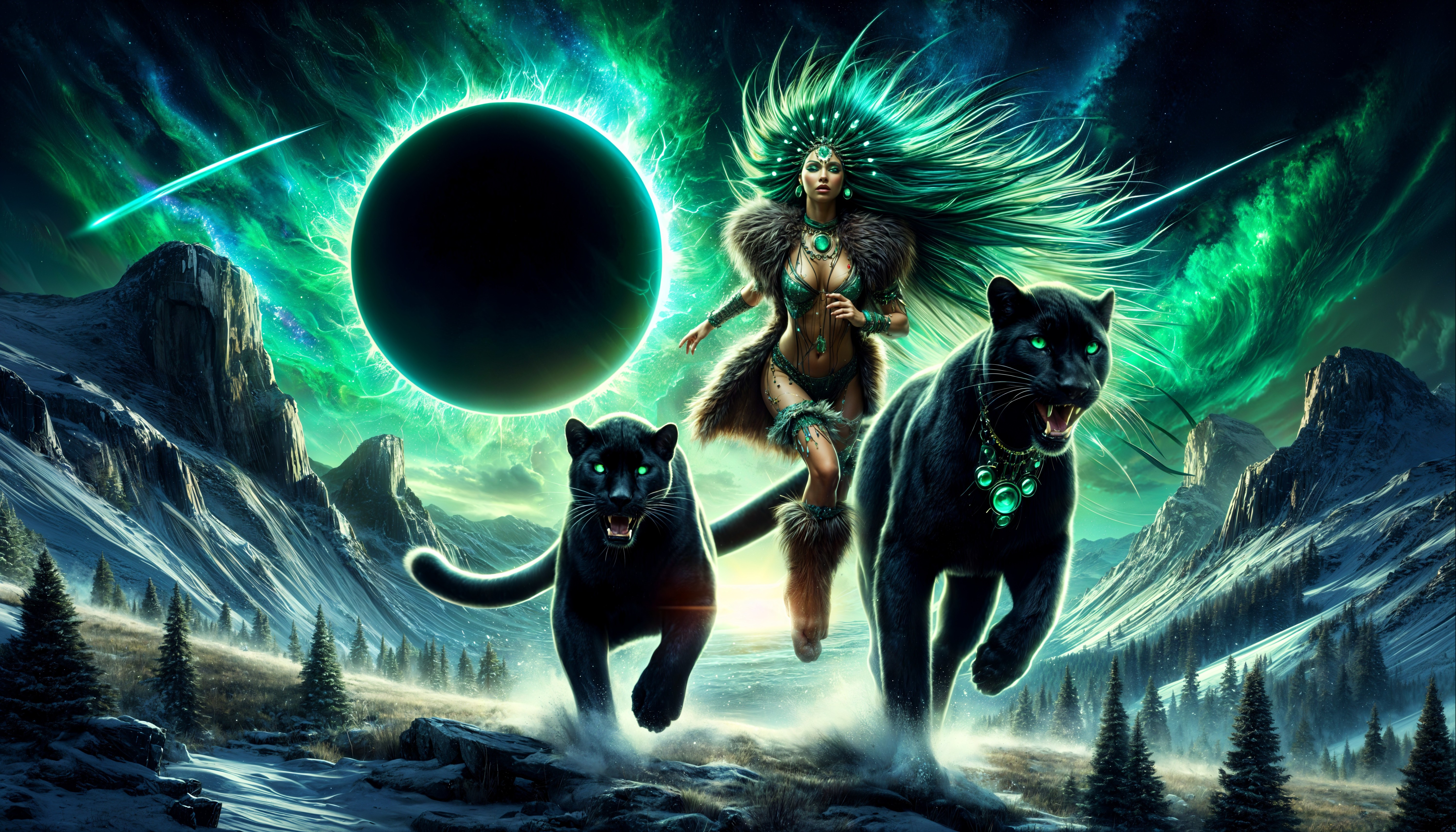Mystical landscape with green-haired figure and panthers