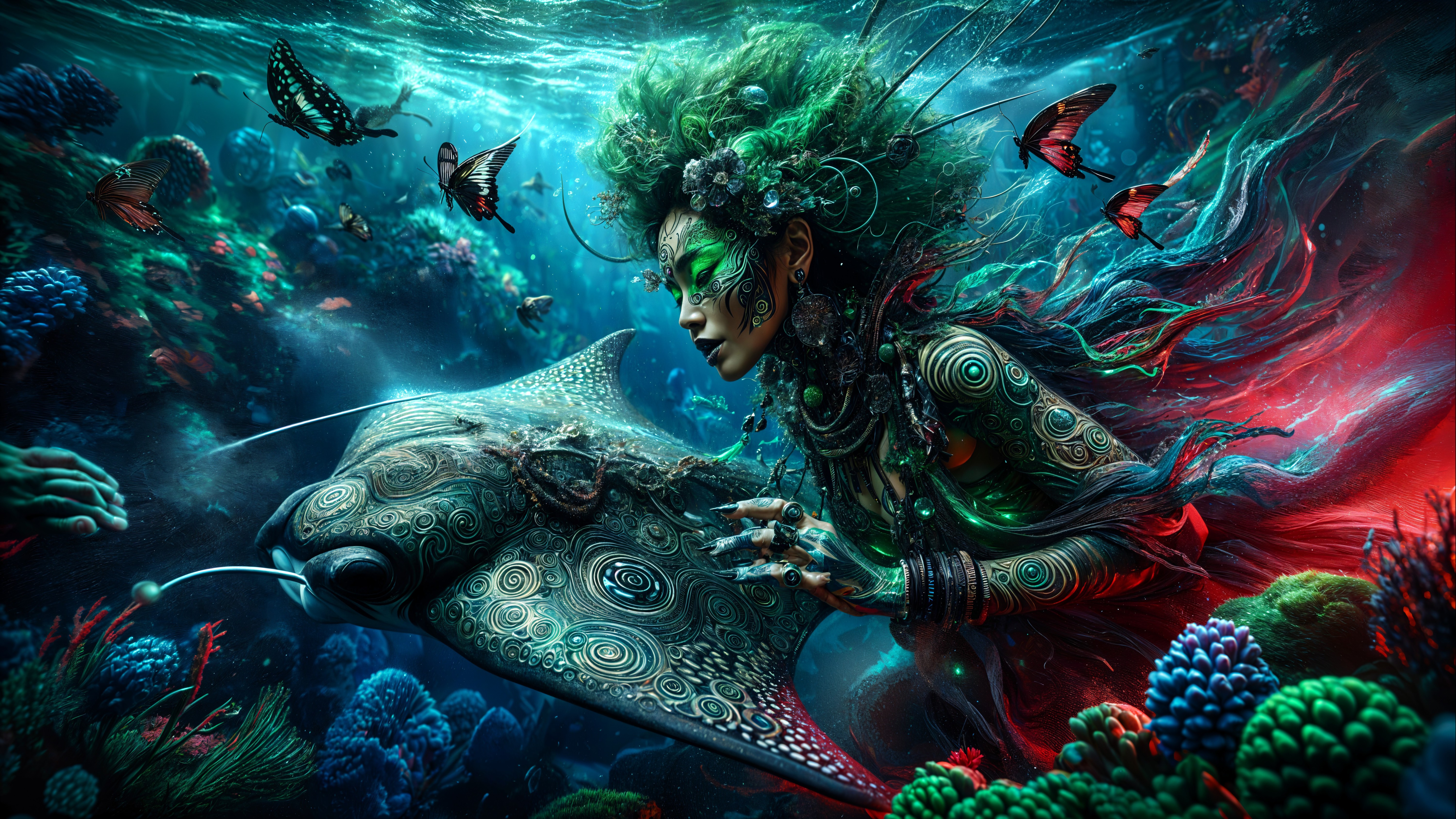 Mystical Underwater Scene with Body Art and Marine Life