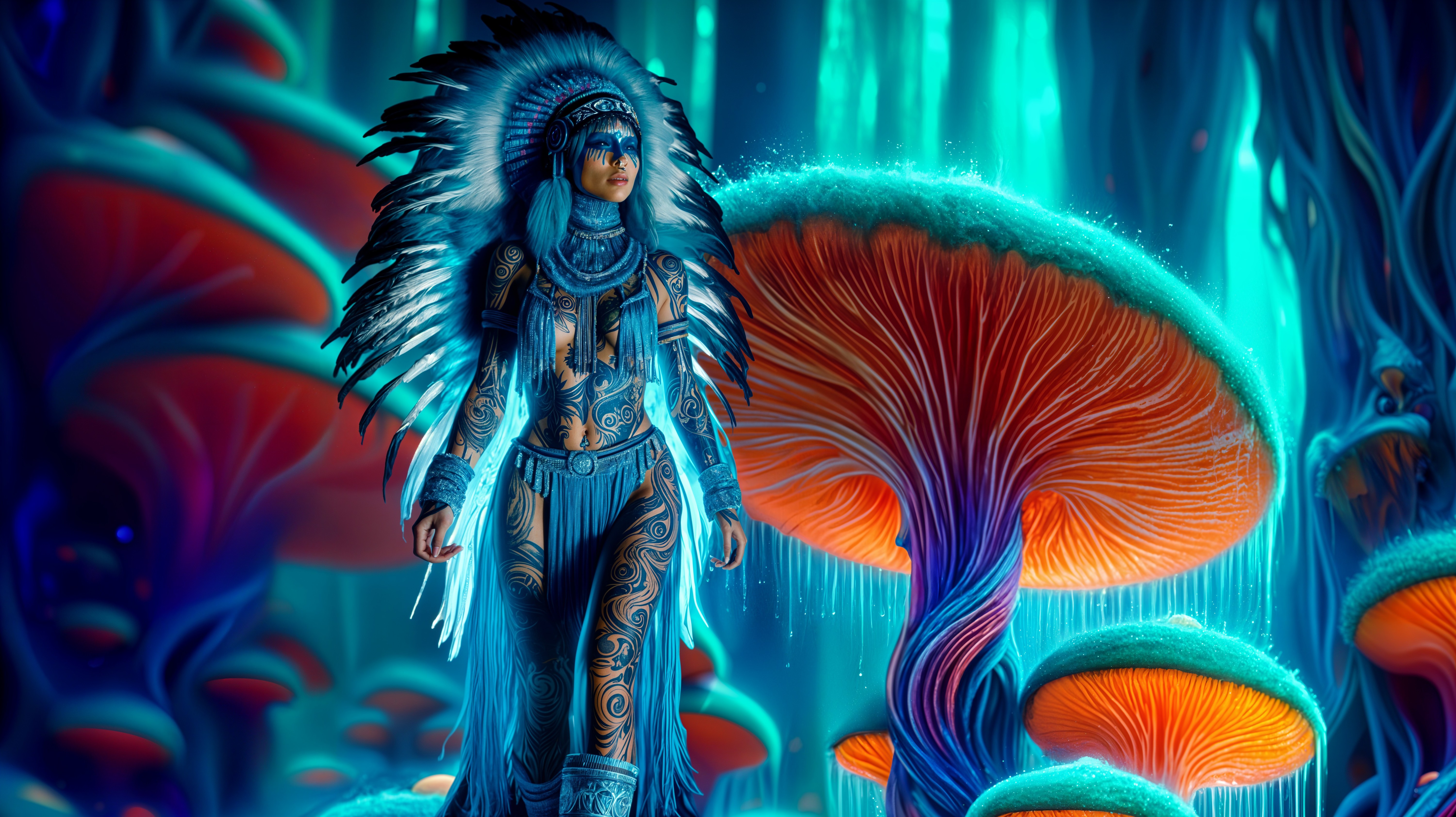 Female Figure in Tribal Attire in Surreal Landscape
