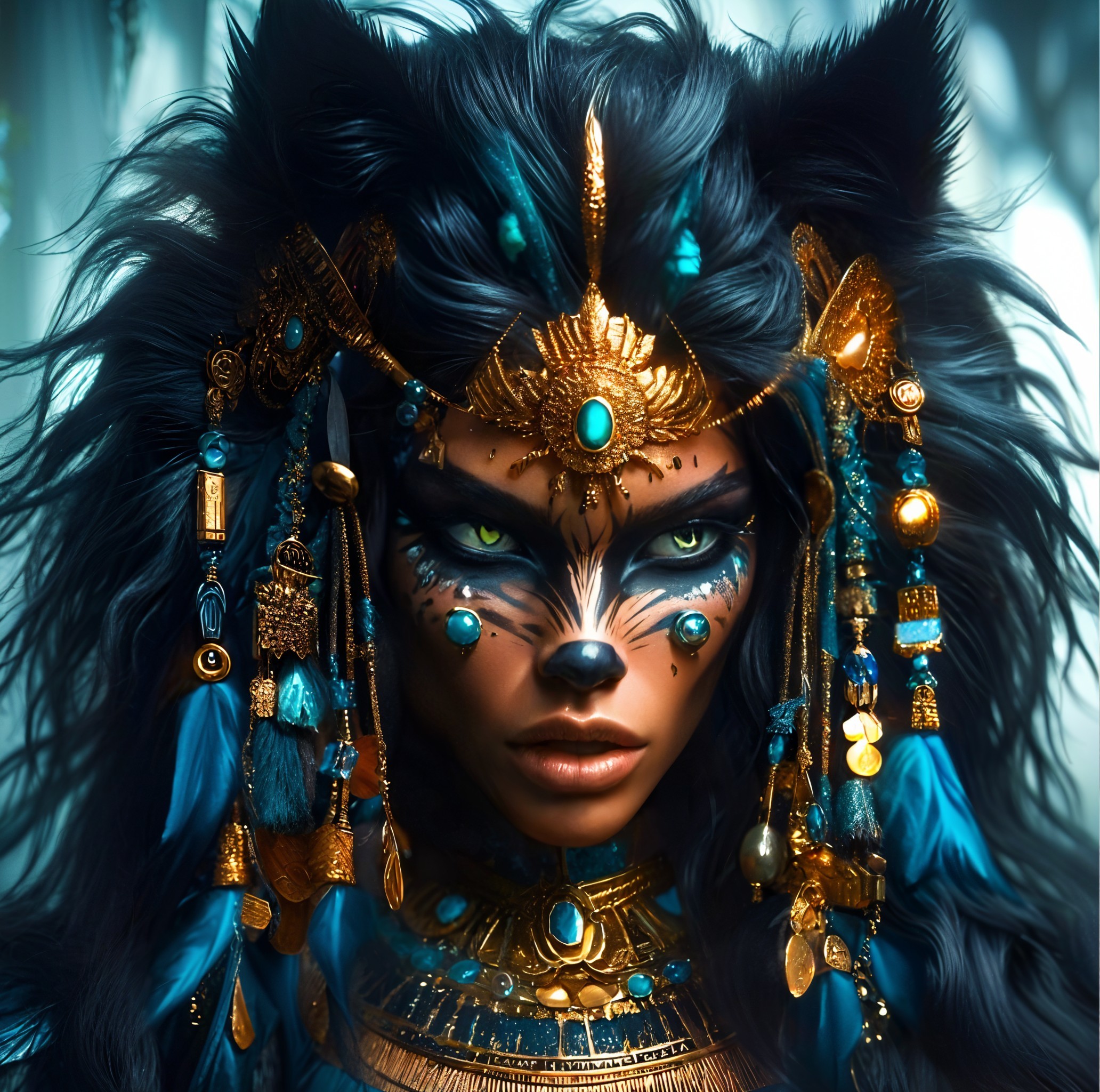 Striking figure with mystical wolf-like makeup and jewelry