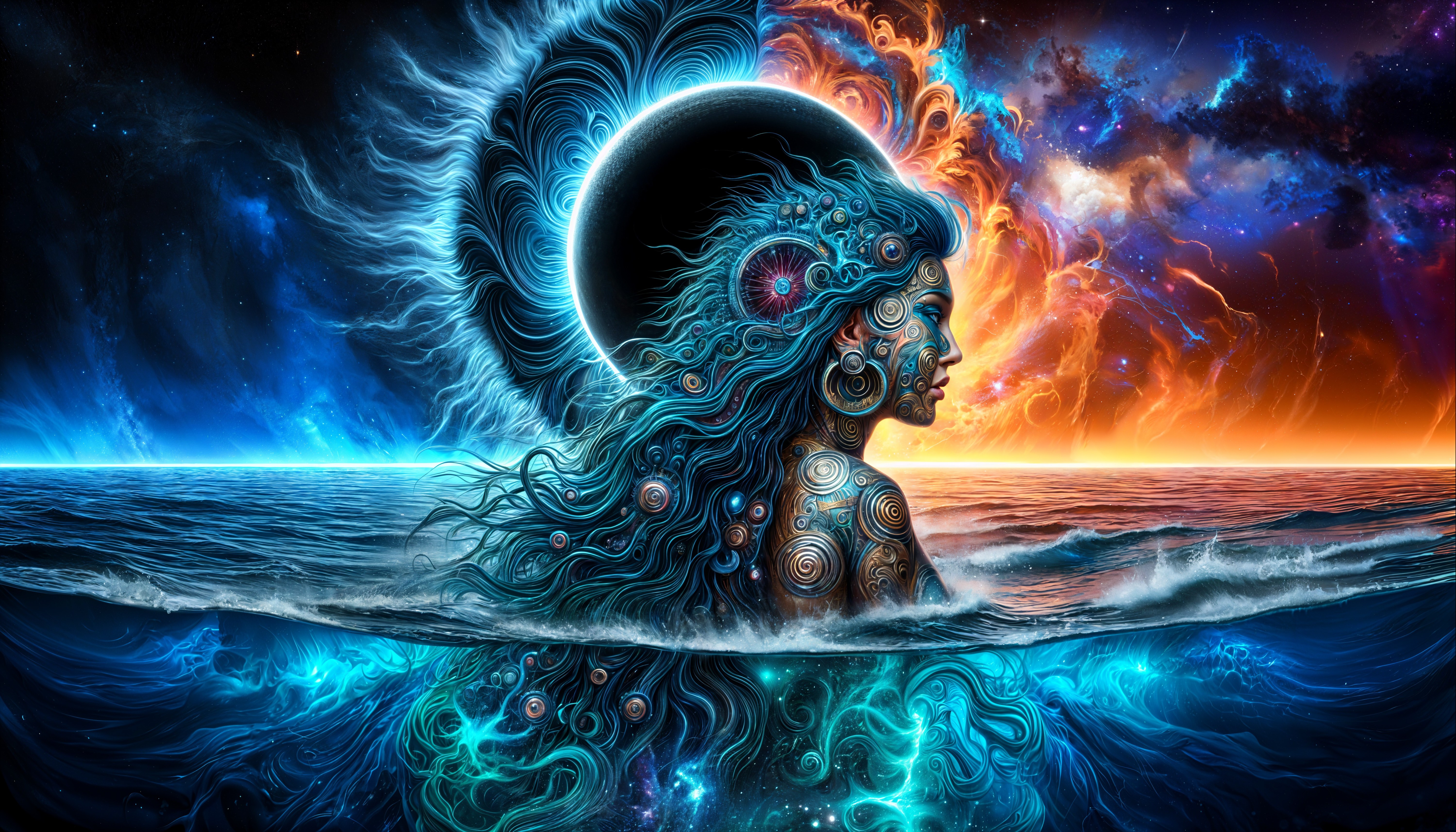 Mystical Figure in Cosmic Ocean Waves at Sunset