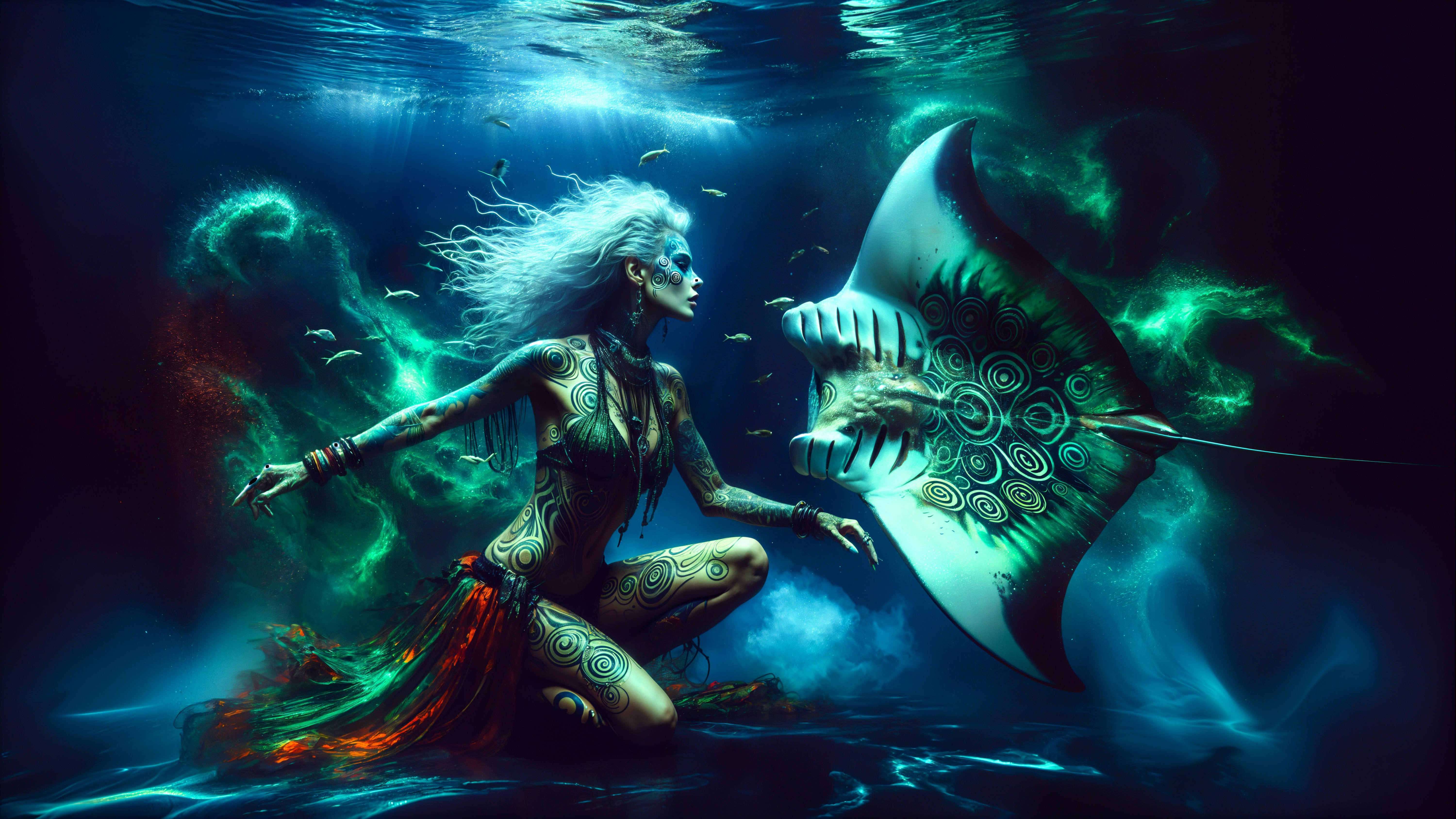 Underwater Scene of Woman with Body Art and Manta Ray