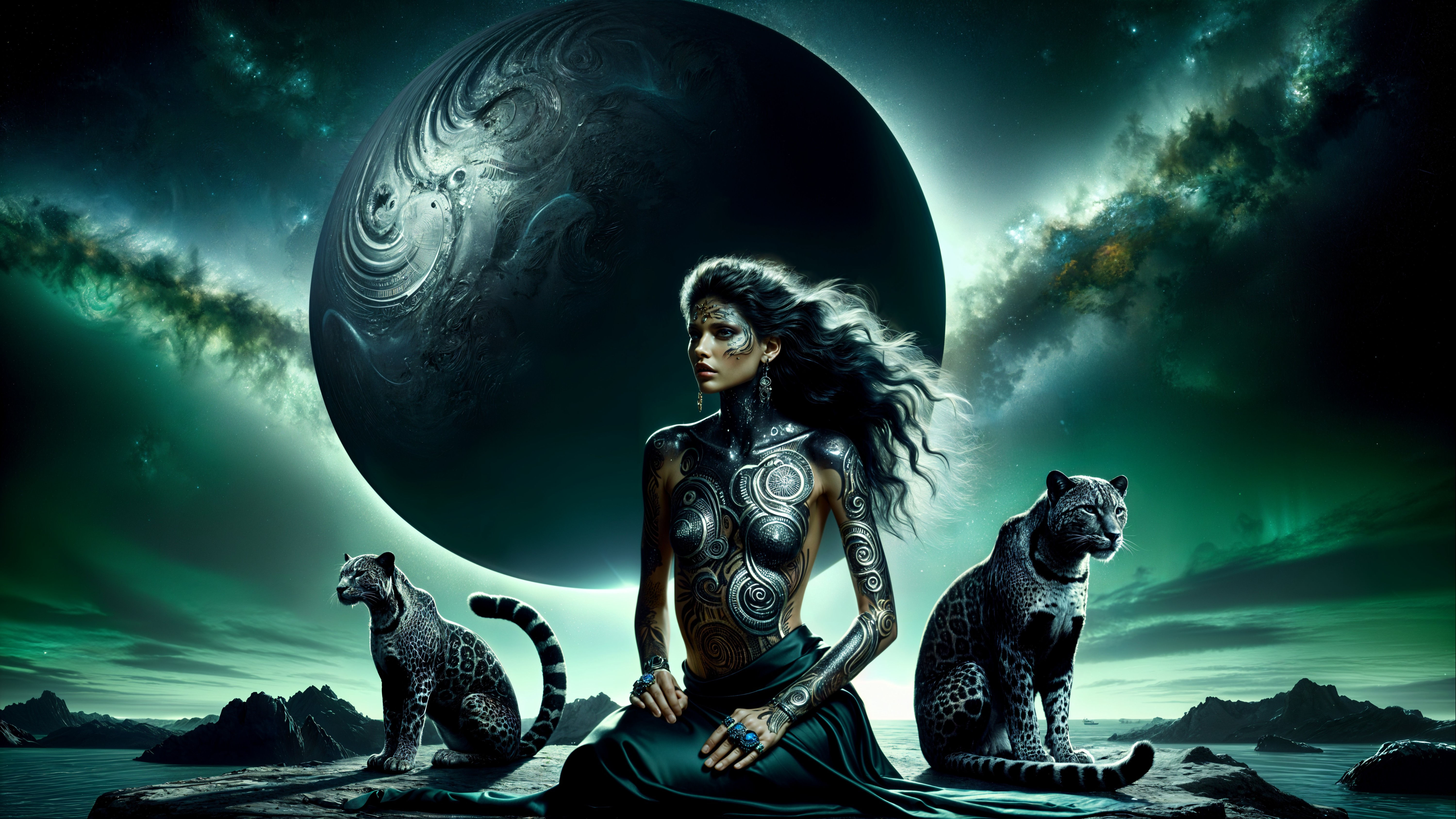 Mystical Woman with Leopards Under Cosmic Sky