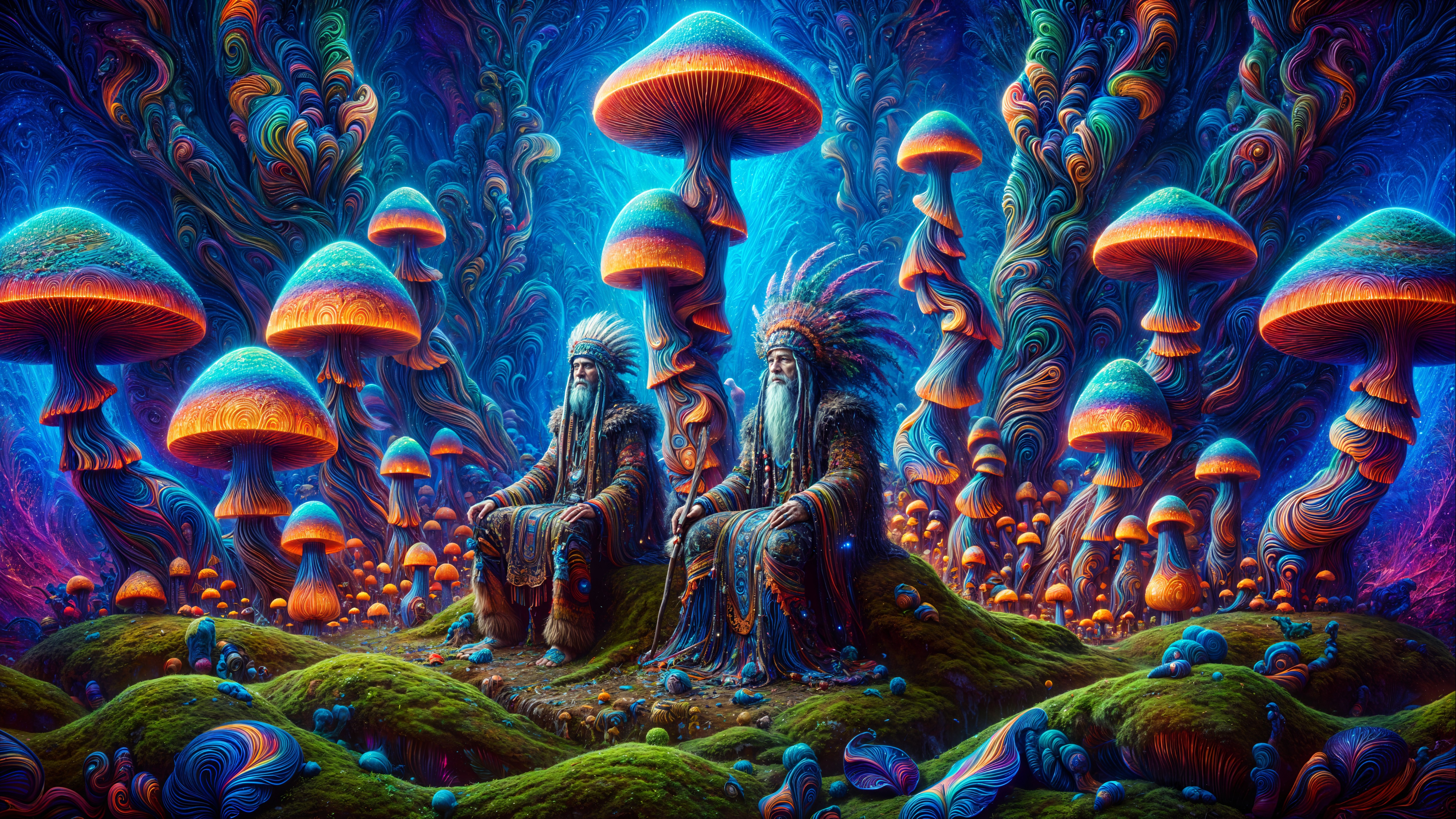 Surreal Landscape with Wise Figures and Luminescent Mushrooms