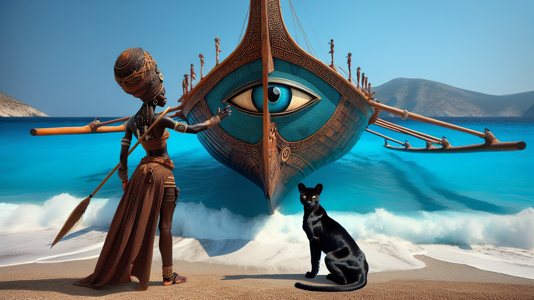 Ancient Warrior on Beach with Ship and Panther