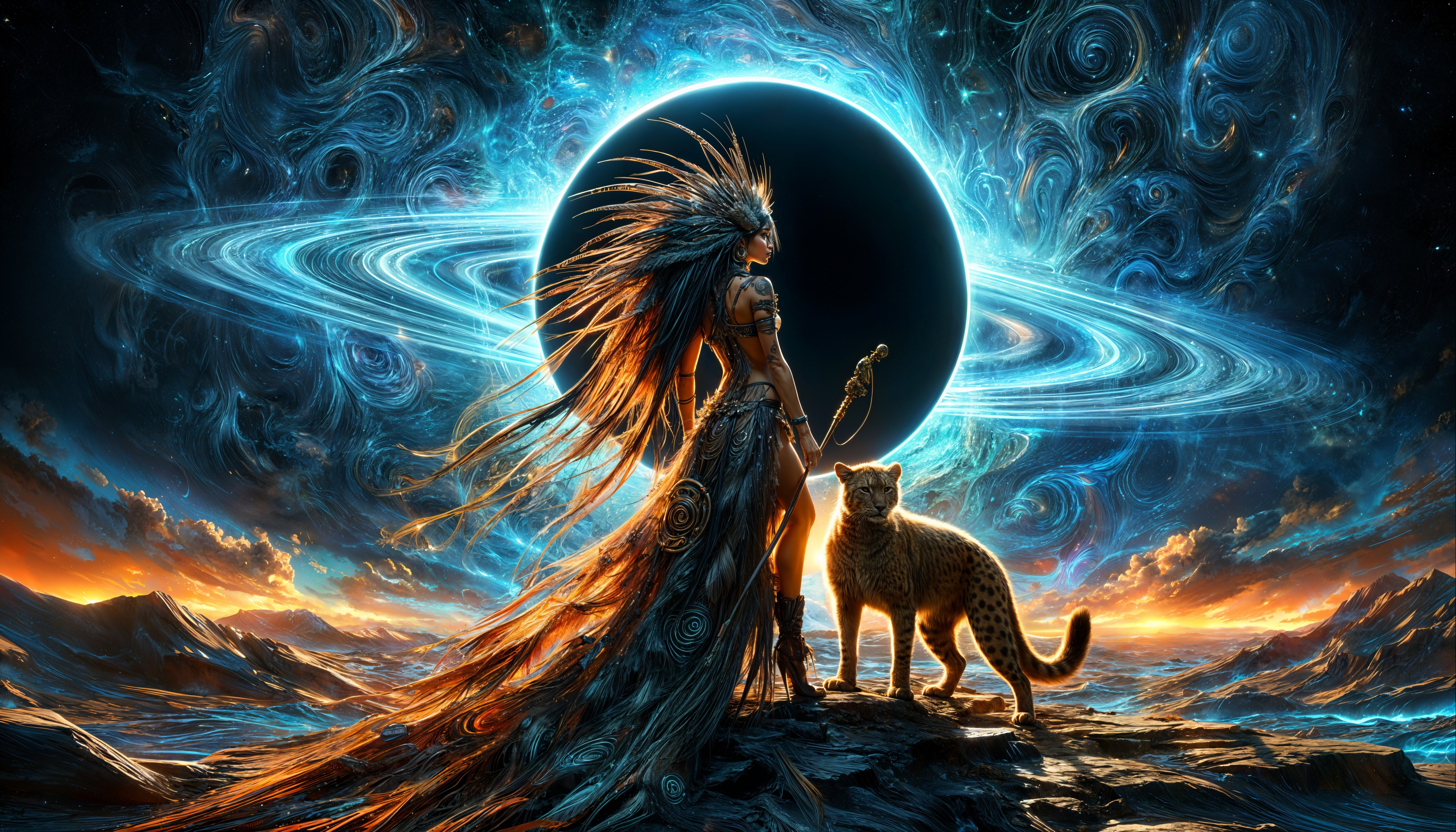 Cosmic Landscape with Majestic Figure and Feline Companion
