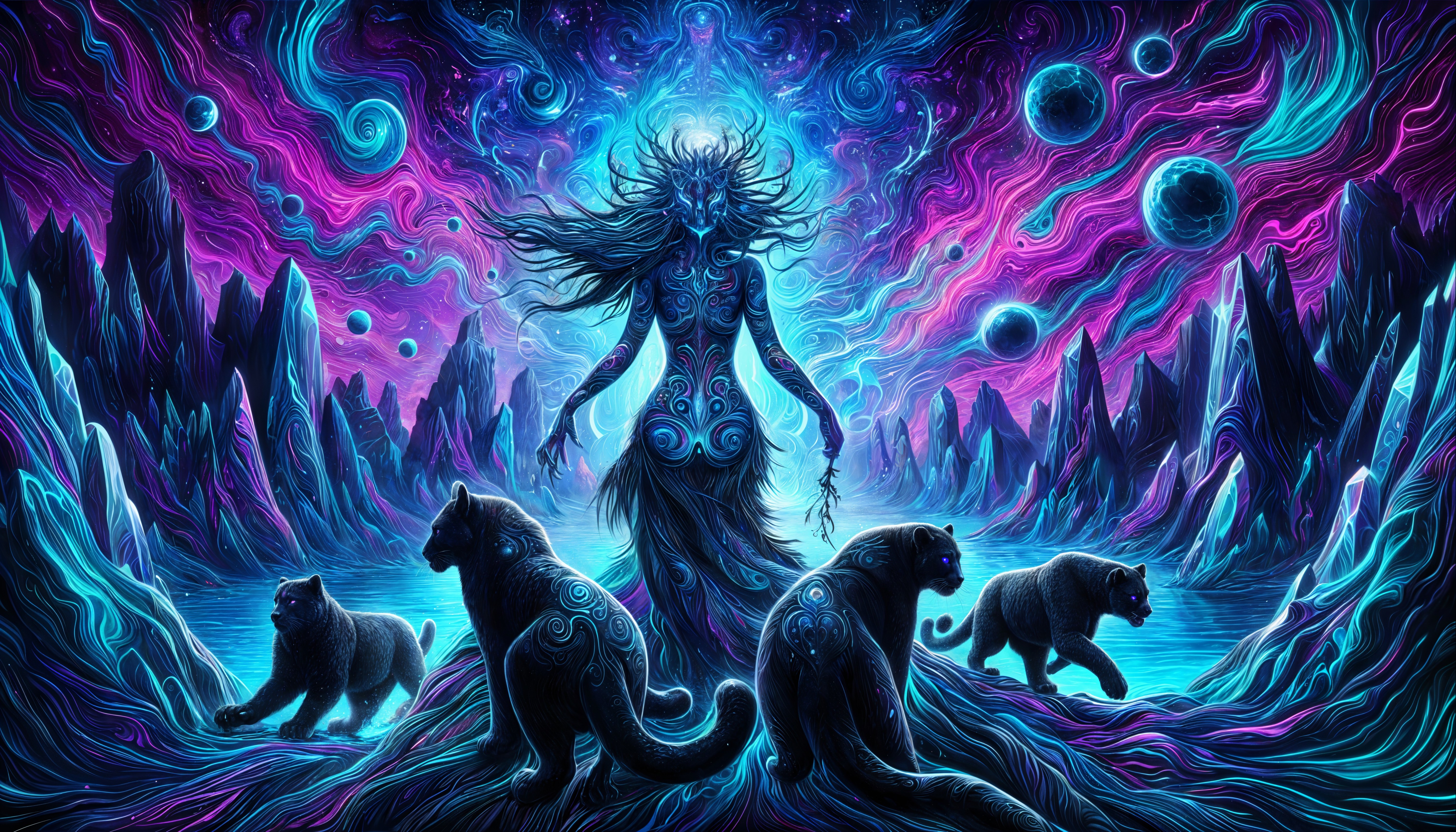 Cosmic Landscape with Mystical Figure and Panthers